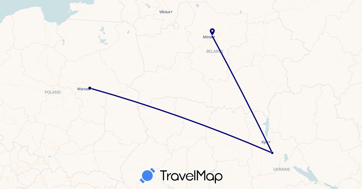 TravelMap itinerary: driving in Belarus, Poland, Ukraine (Europe)